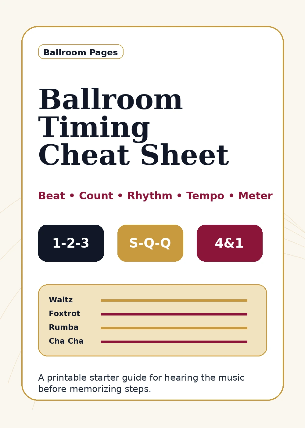 Cover mockup for the Ballroom Timing Cheat Sheet.