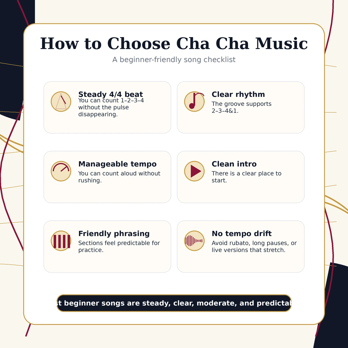 Checklist for choosing beginner-friendly Cha Cha music.