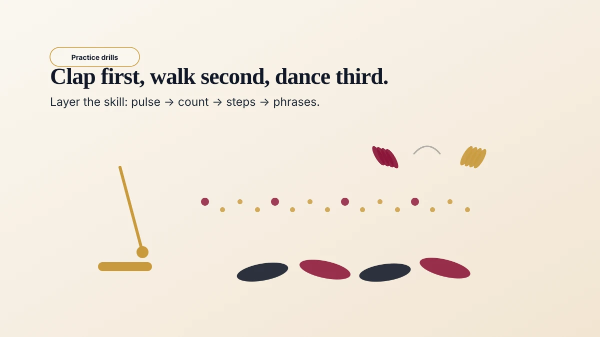 Beginner dancer practicing ballroom timing by clapping and stepping near a metronome.