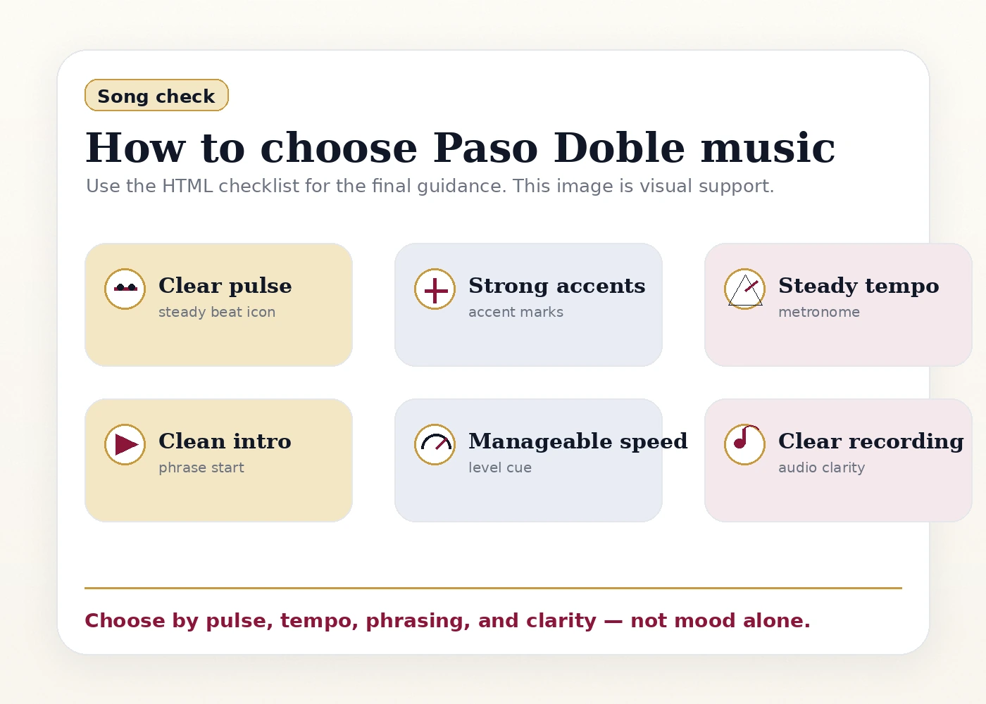 Checklist for choosing Paso Doble music for beginner practice
