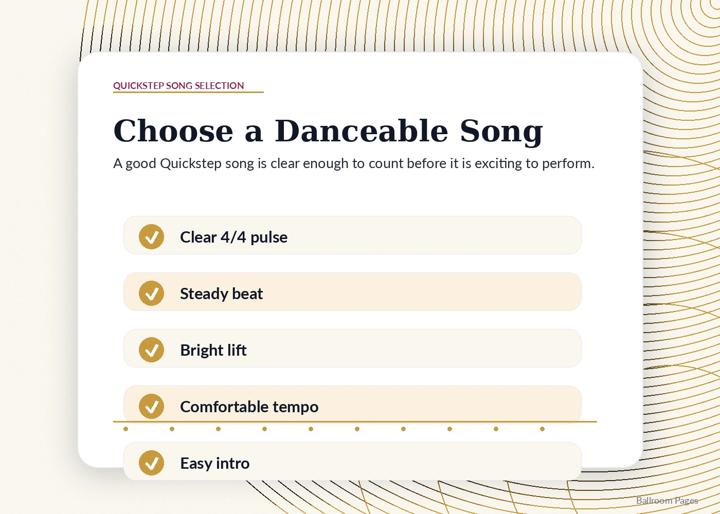 Checklist for choosing a danceable Quickstep song.
