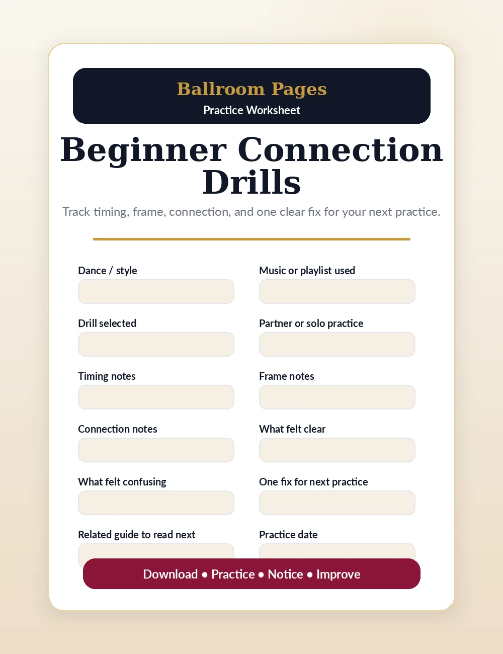 Cover of the Beginner Connection Drills worksheet with fields for timing, frame, connection notes, and next practice focus.