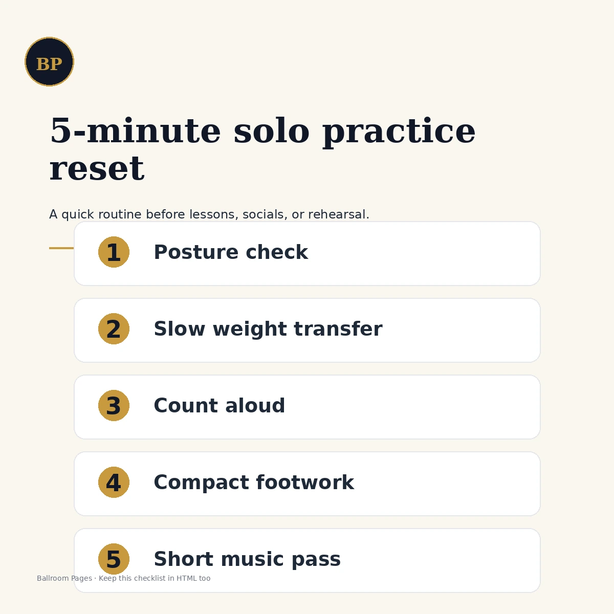 Checklist for a five-minute solo ballroom practice reset.