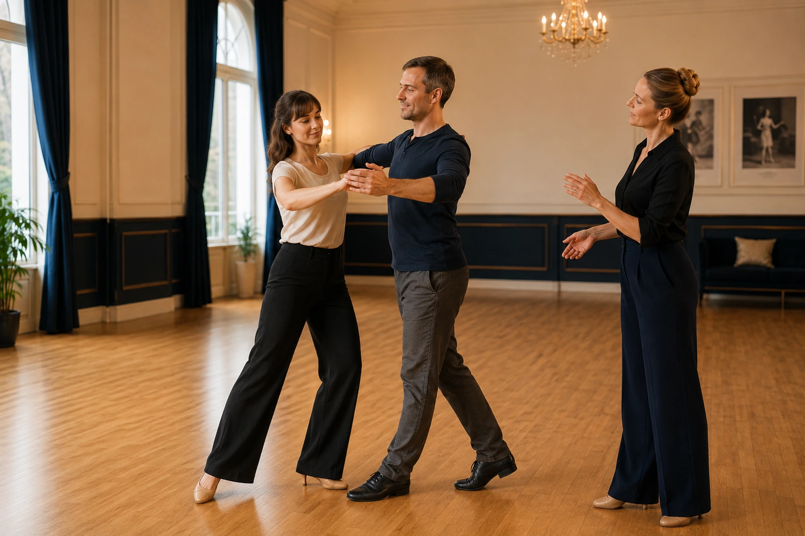 Ballroom instructor guiding beginner dancers through a simple first lesson in a calm studio