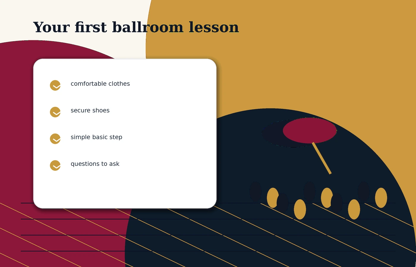 First ballroom dance lesson visual with checklist, dance shoes, and warm studio setting.