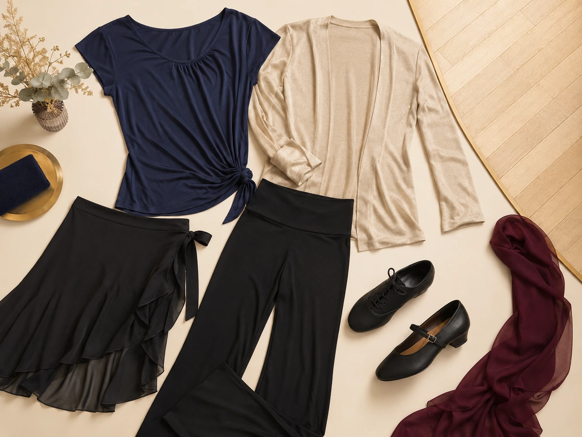 Comfortable clothing and smooth-soled shoes suitable for a first ballroom dance lesson