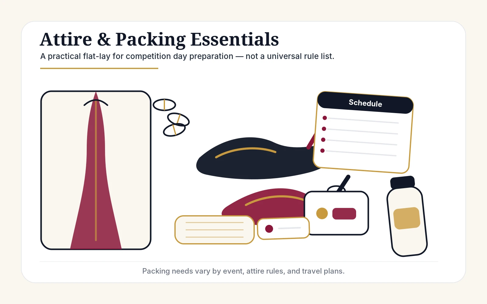 Ballroom competition packing visual with dance shoes, garment bag, schedule, pins, water, and small preparation kit.
