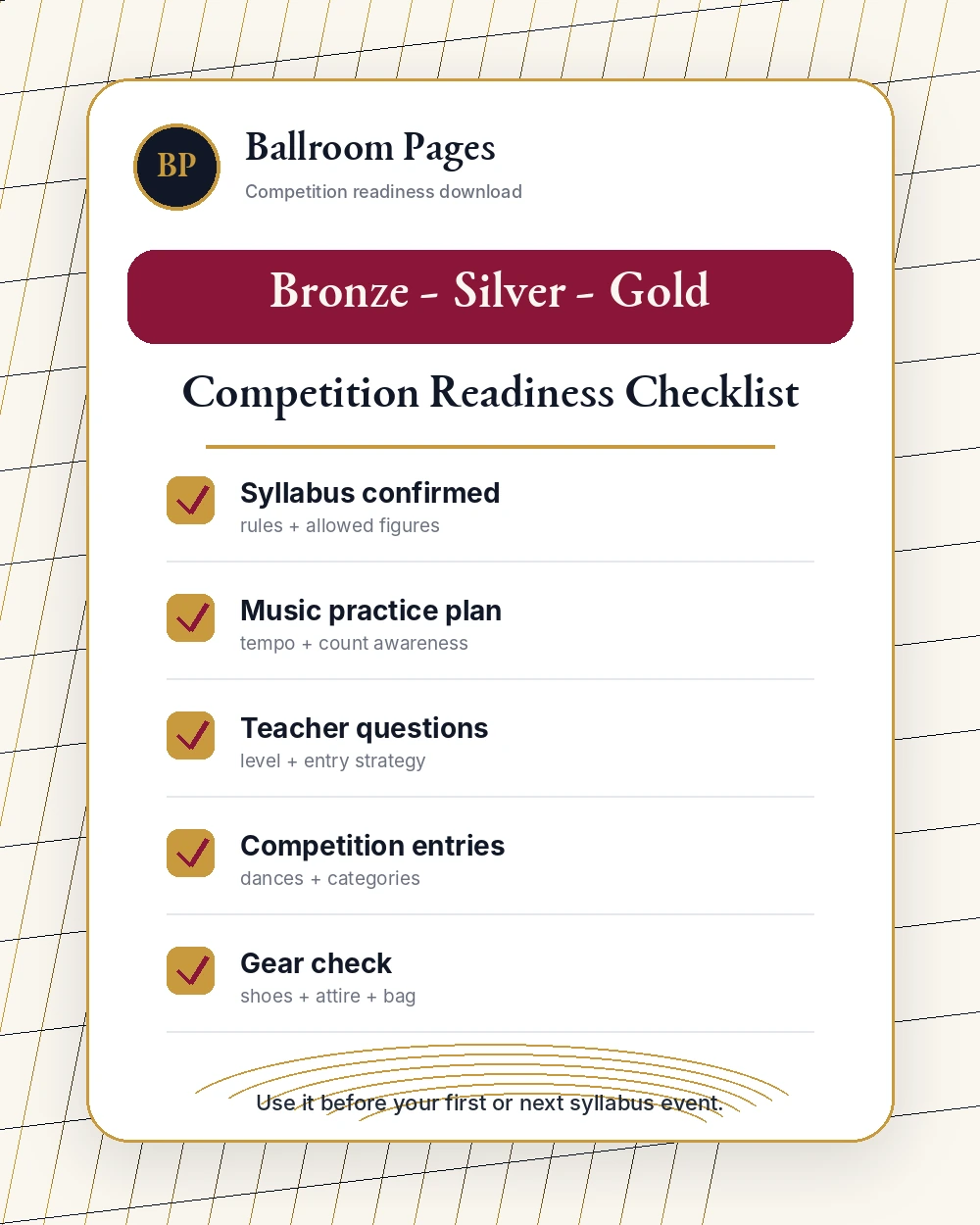 Checklist visual for avoiding common Bronze, Silver, and Gold ballroom mistakes.