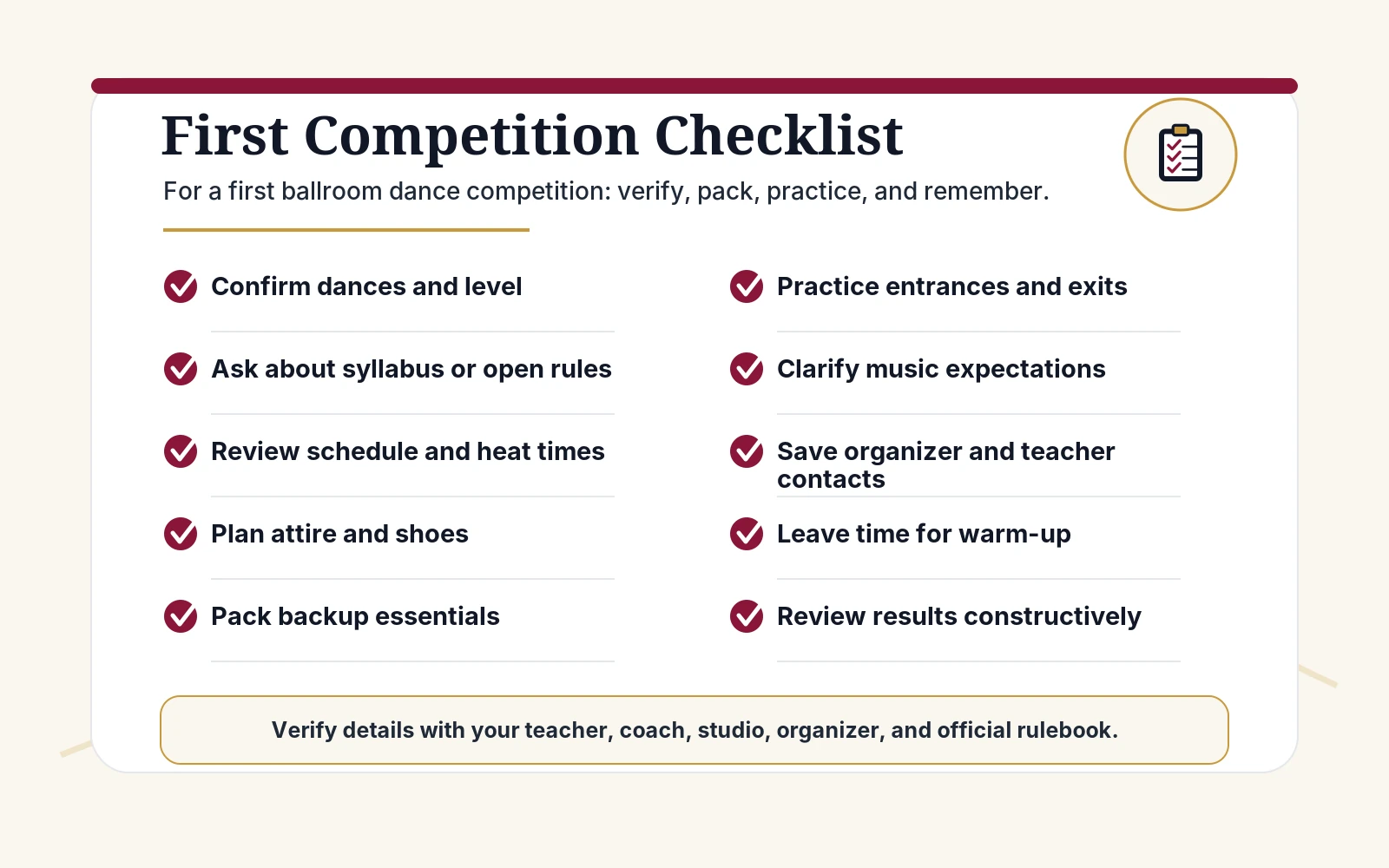 First ballroom competition checklist with reminders for rules, entries, packing, schedule, and results review.