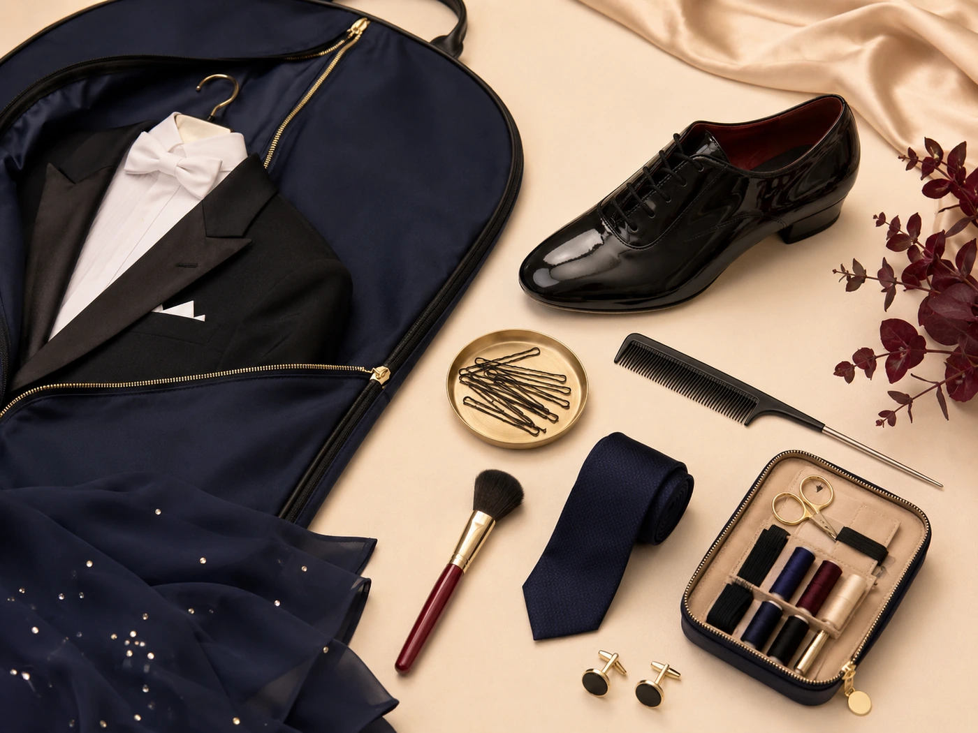Competition attire, grooming supplies, and accessories laid out for ballroom dance preparation