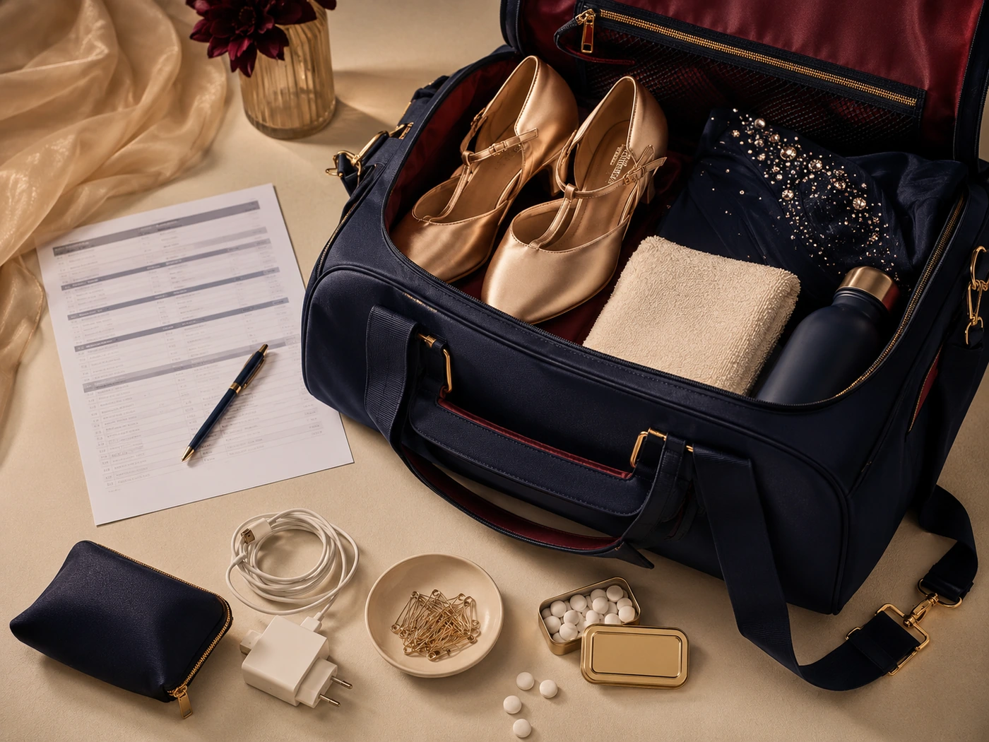 Ballroom competition dance bag with shoes, towel, water, safety pins, mints, and heat list