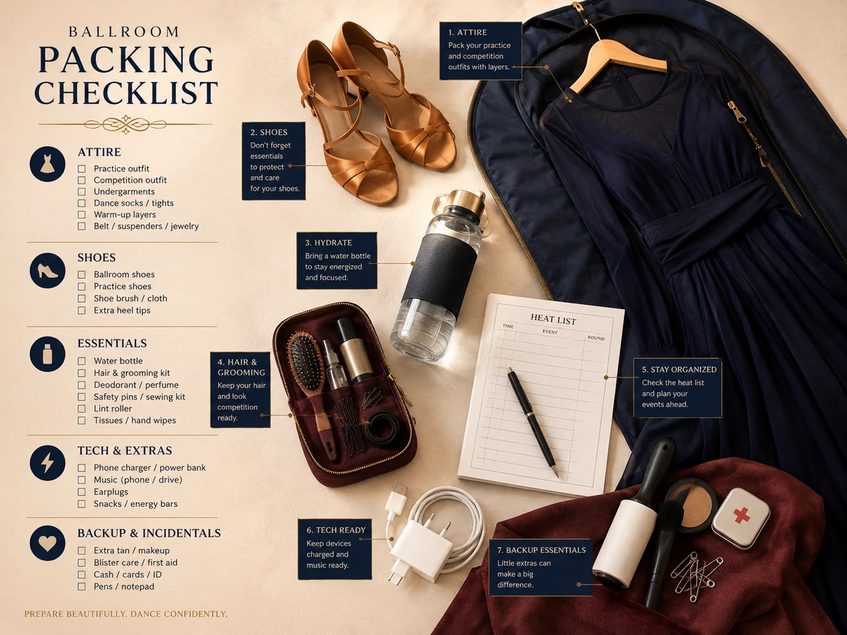 Packing checklist for Pro-Am ballroom competition attire, shoes, grooming, and documents