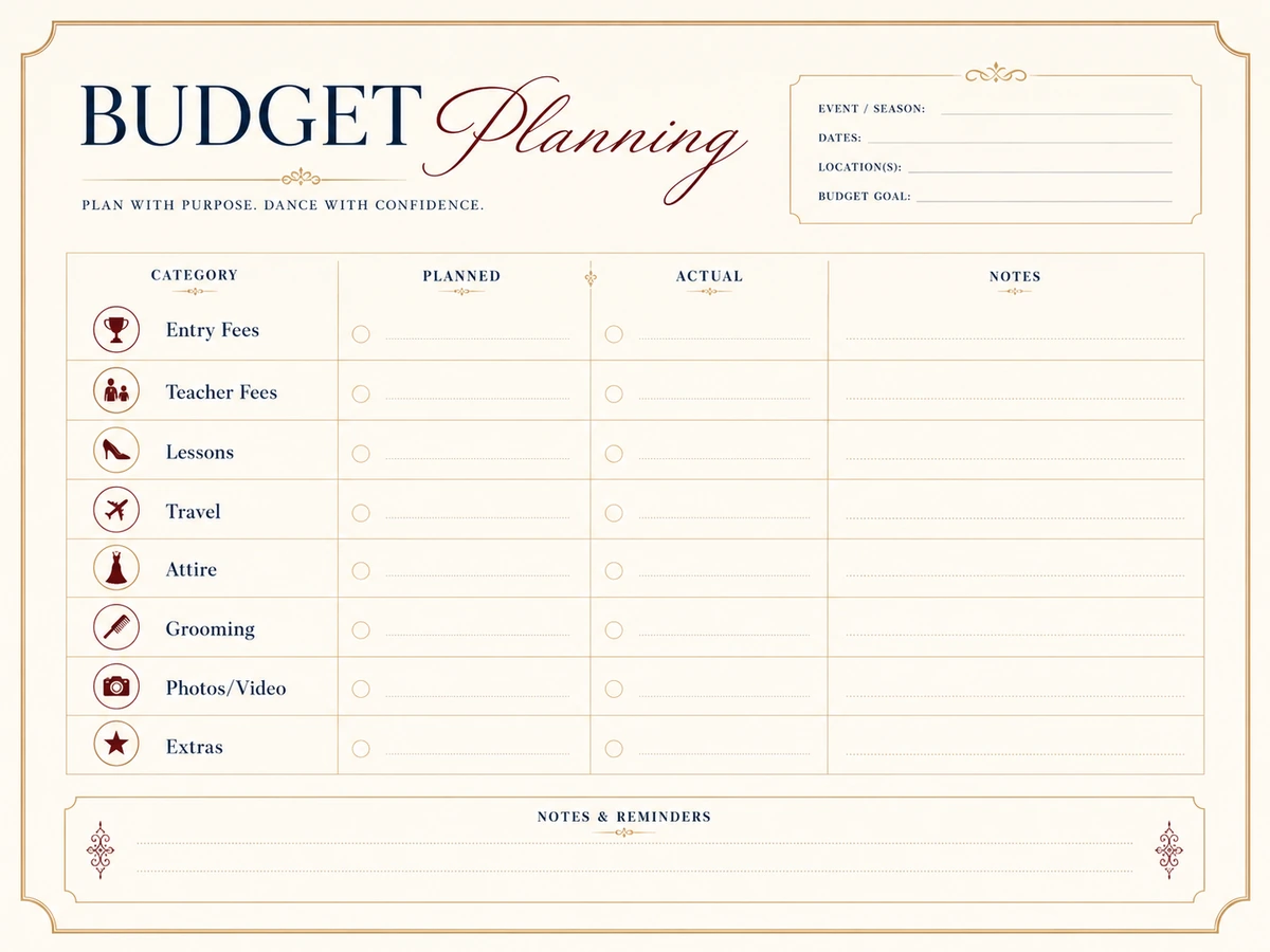 Preview of a Pro-Am budget planning worksheet with entry fees, teacher fees, travel, attire, and extras