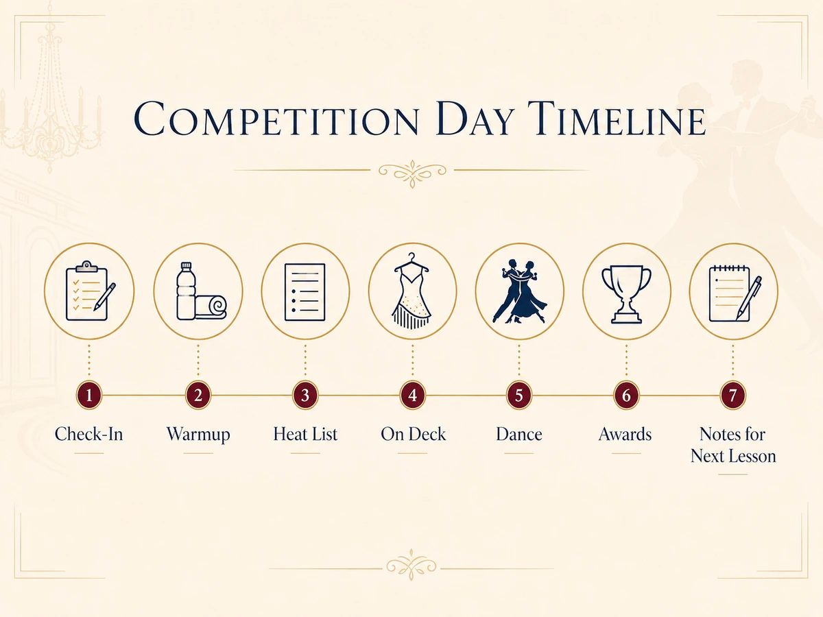 Timeline graphic for preparing and attending a first Pro-Am ballroom competition