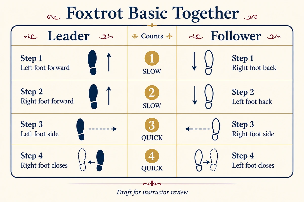 Diagram showing leader and follower Foxtrot basic step paths together.