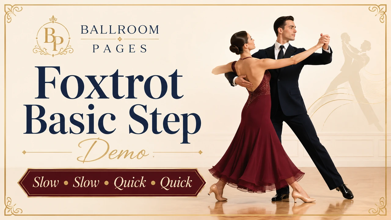 Foxtrot basic step video thumbnail showing a beginner couple demonstration.