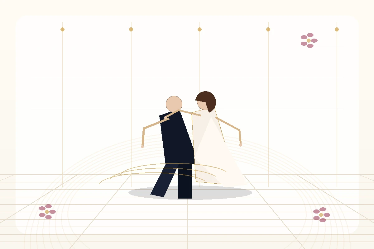 Wedding couple practicing a relaxed Foxtrot first dance in a softly lit ballroom