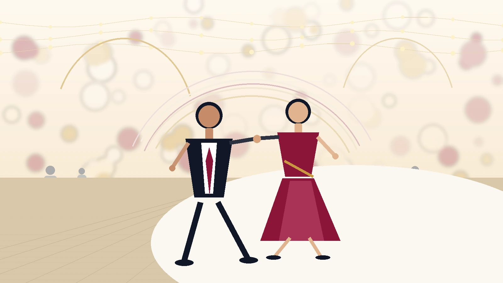 A couple using partner Hustle at an elegant wedding reception with guests dancing nearby