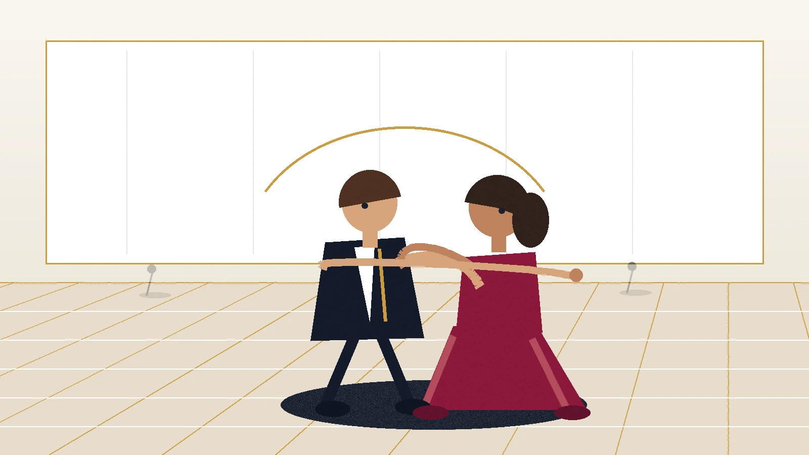 Two social dancers using compact steps and comfortable partner connection on a shared dance floor