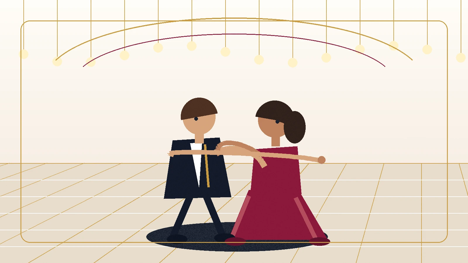 Couple using small, relaxed slow-dance steps for a wedding first dance in a warm reception setting