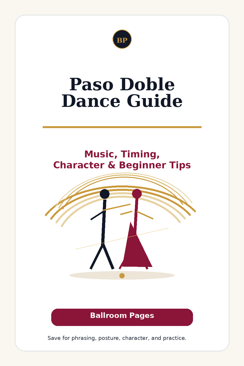 Pinterest pin for Paso Doble music, timing, character, and beginner tips