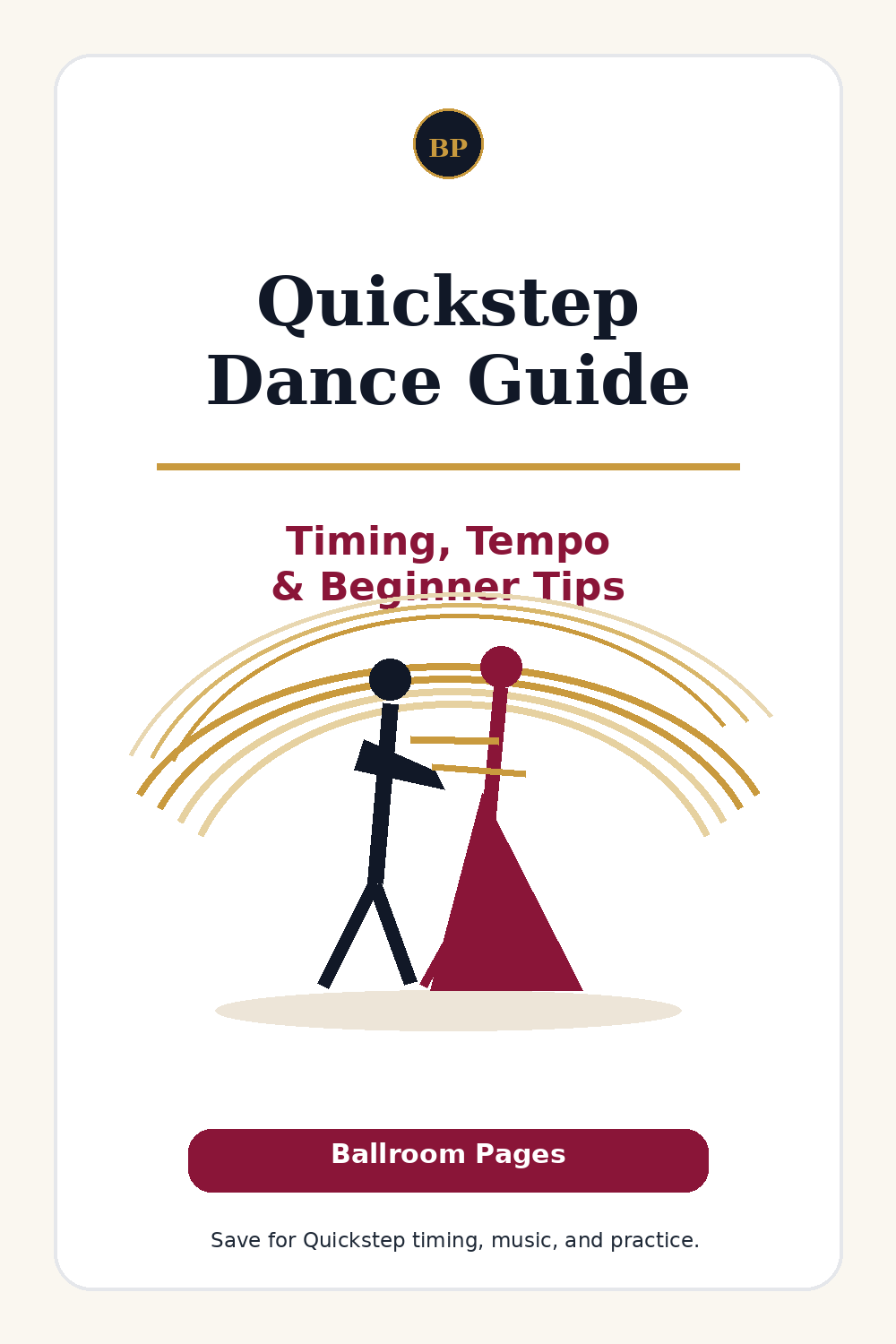 Pinterest pin for Quickstep dance timing, tempo, and beginner tips