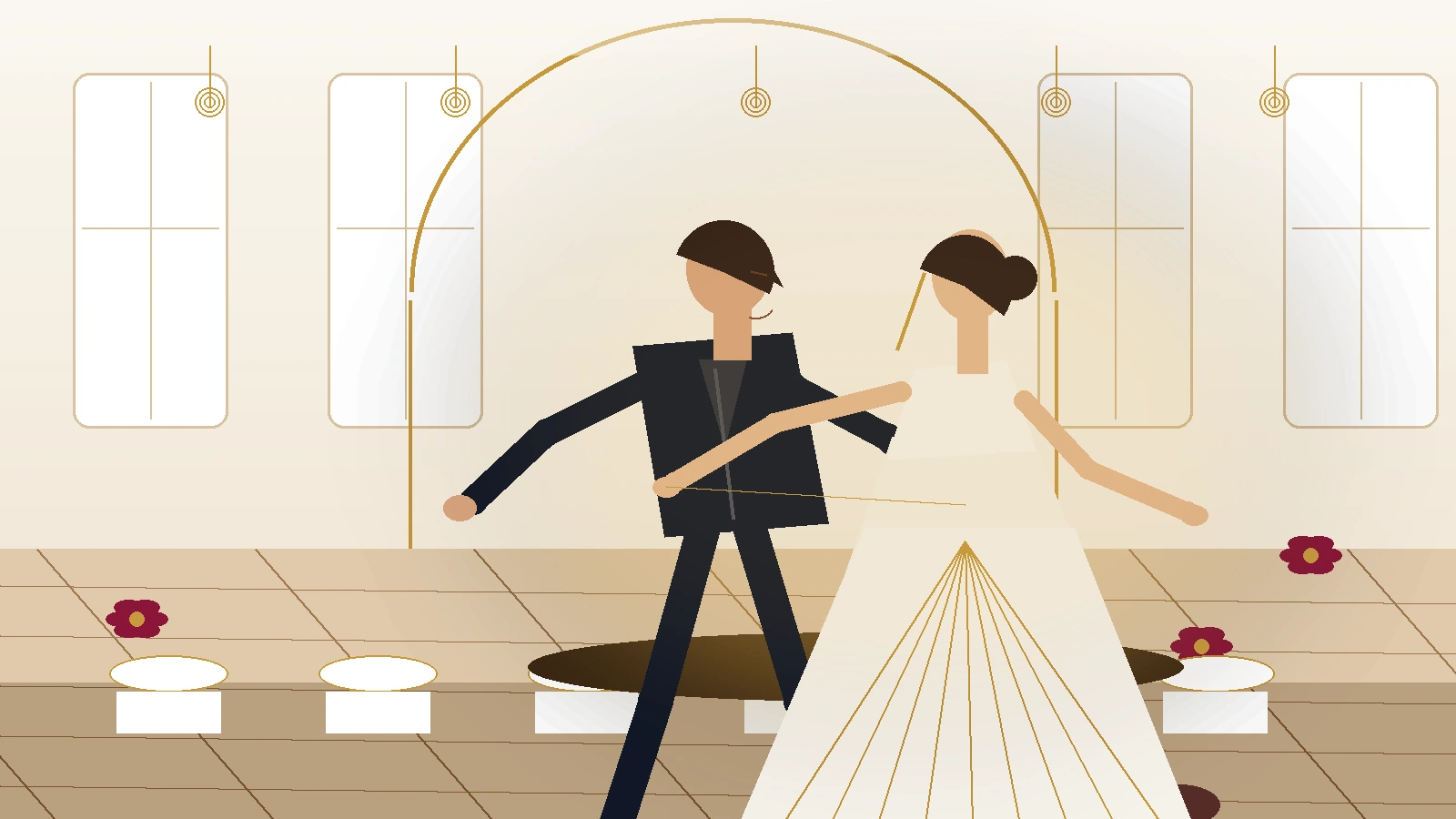 Wedding couple practicing a simple Rumba first dance in a softly lit reception space.