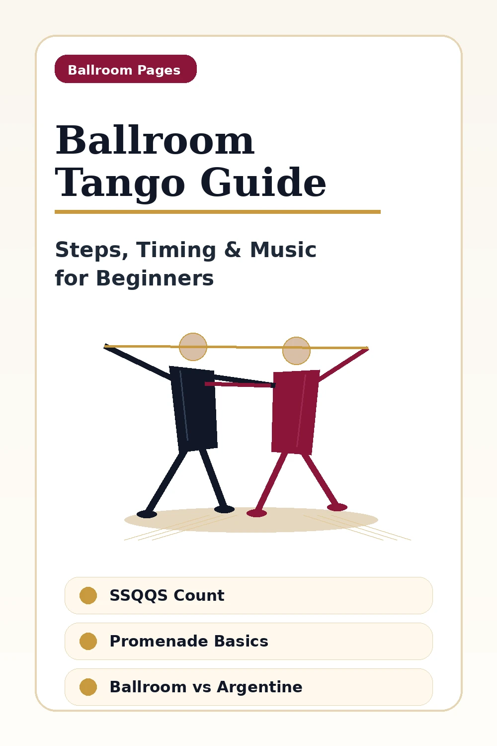 Pinterest graphic for the Ballroom Tango Guide with steps, timing, and music