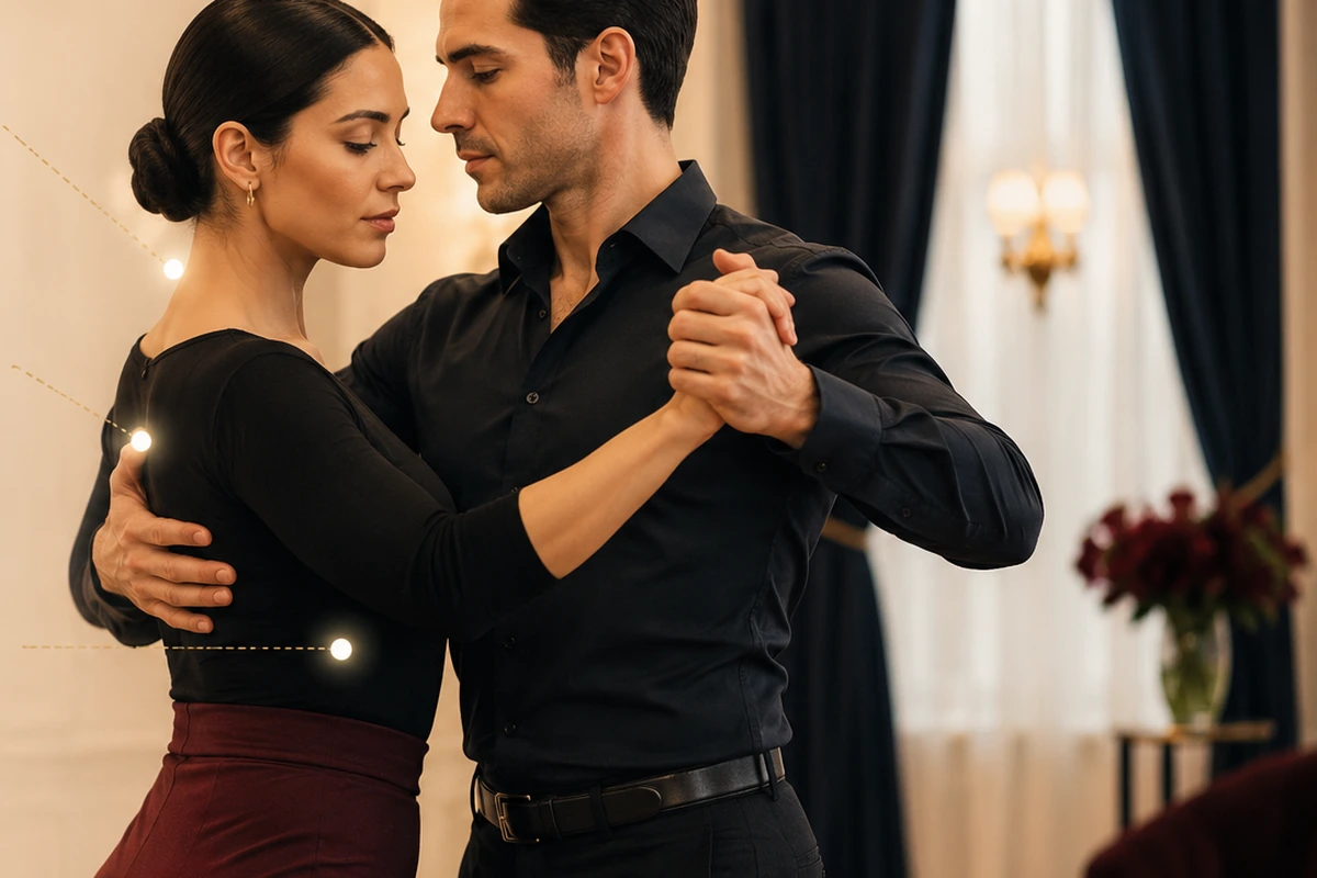 Ballroom Tango frame and partner connection for beginner basic movement.
