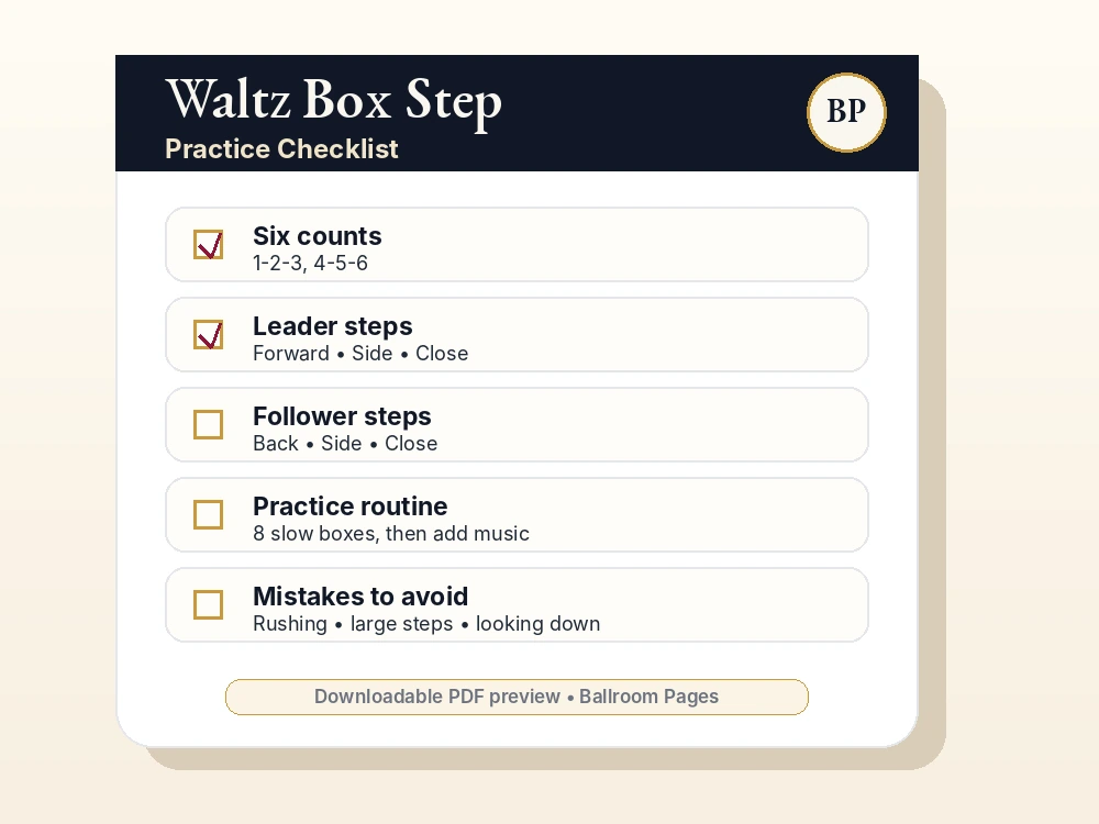 Preview of the Waltz box step practice checklist.
