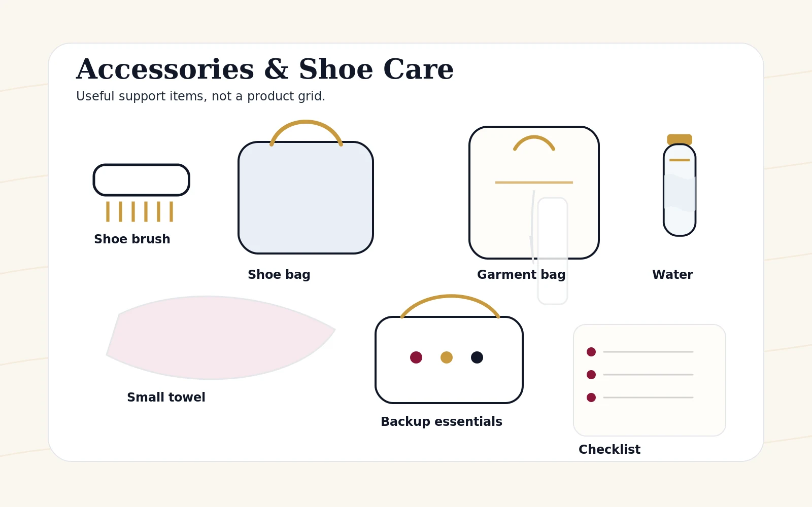 Flat-lay of ballroom dance accessories including shoe brush, shoe bag, towel, mints, pins, and checklist.