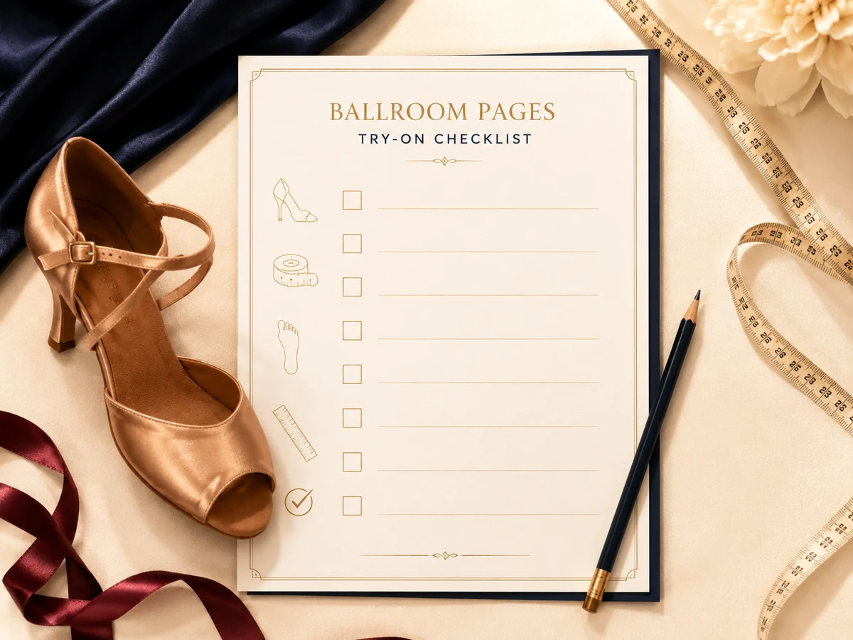 Ballroom dance shoe try-on checklist with toe, heel, strap, and width checks.