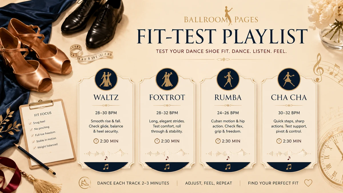 Ballroom Pages playlist cards for testing dance shoe fit with Waltz, Rumba, Cha Cha, and Foxtrot.