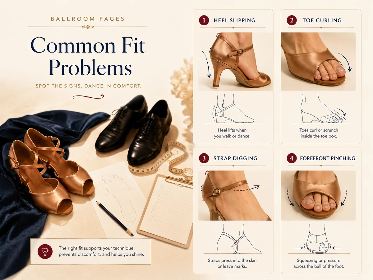 Common ballroom dance shoe fit problems including heel slip and toe cramping.