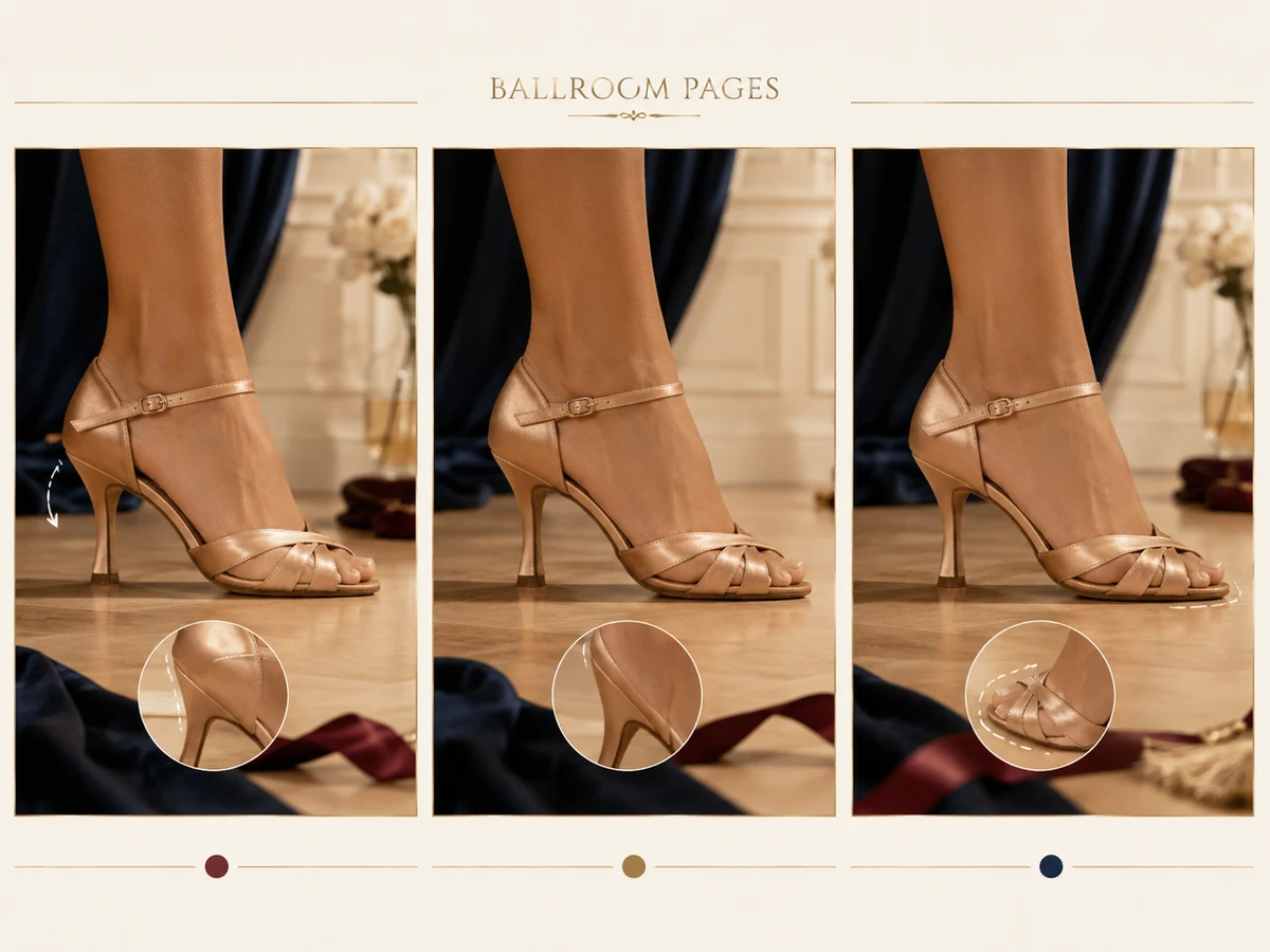 Visual comparing too loose, secure, and too tight ballroom dance shoe fit.