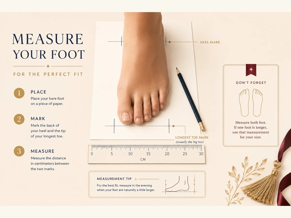 Diagram showing how to measure foot length for ballroom dance shoe sizing.