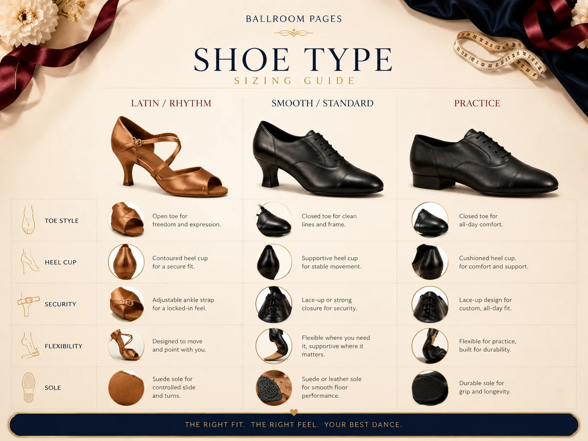 Latin, closed-toe ballroom, and practice dance shoes shown side by side.