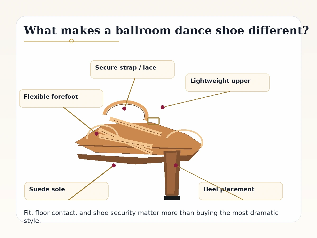 Diagram showing the key parts of a ballroom dance shoe including suede sole, flexible forefoot, and secure strap.
