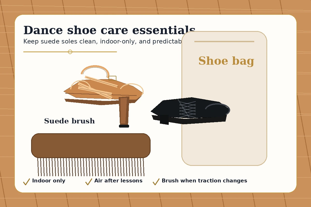 Suede brush and ballroom dance shoes showing basic dance shoe care.