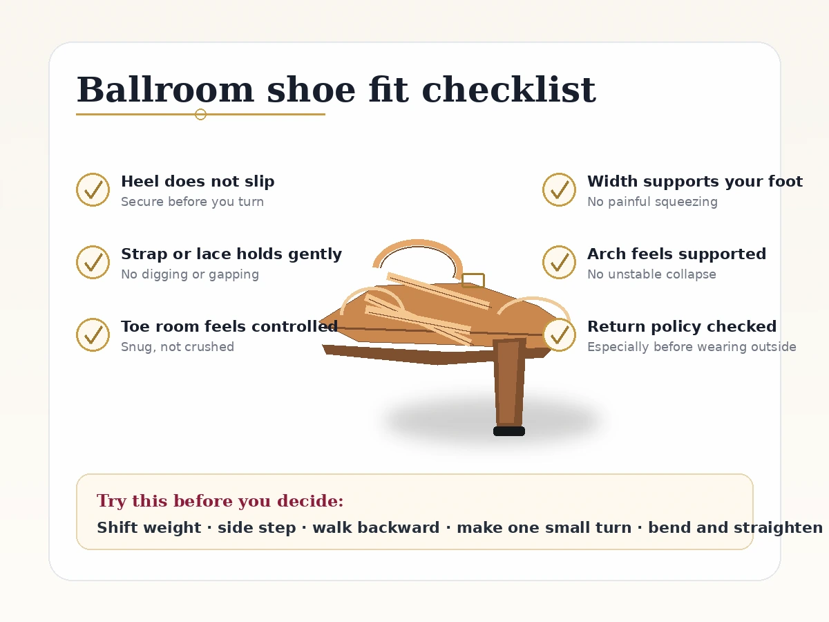Fit checklist for beginner ballroom dance shoes showing heel, toe, strap, and width considerations.