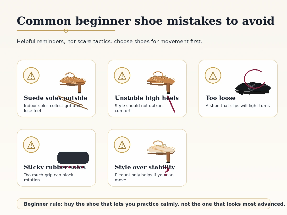 Common beginner ballroom dance shoe mistakes including outdoor suede soles, unstable heels, and poor fit.