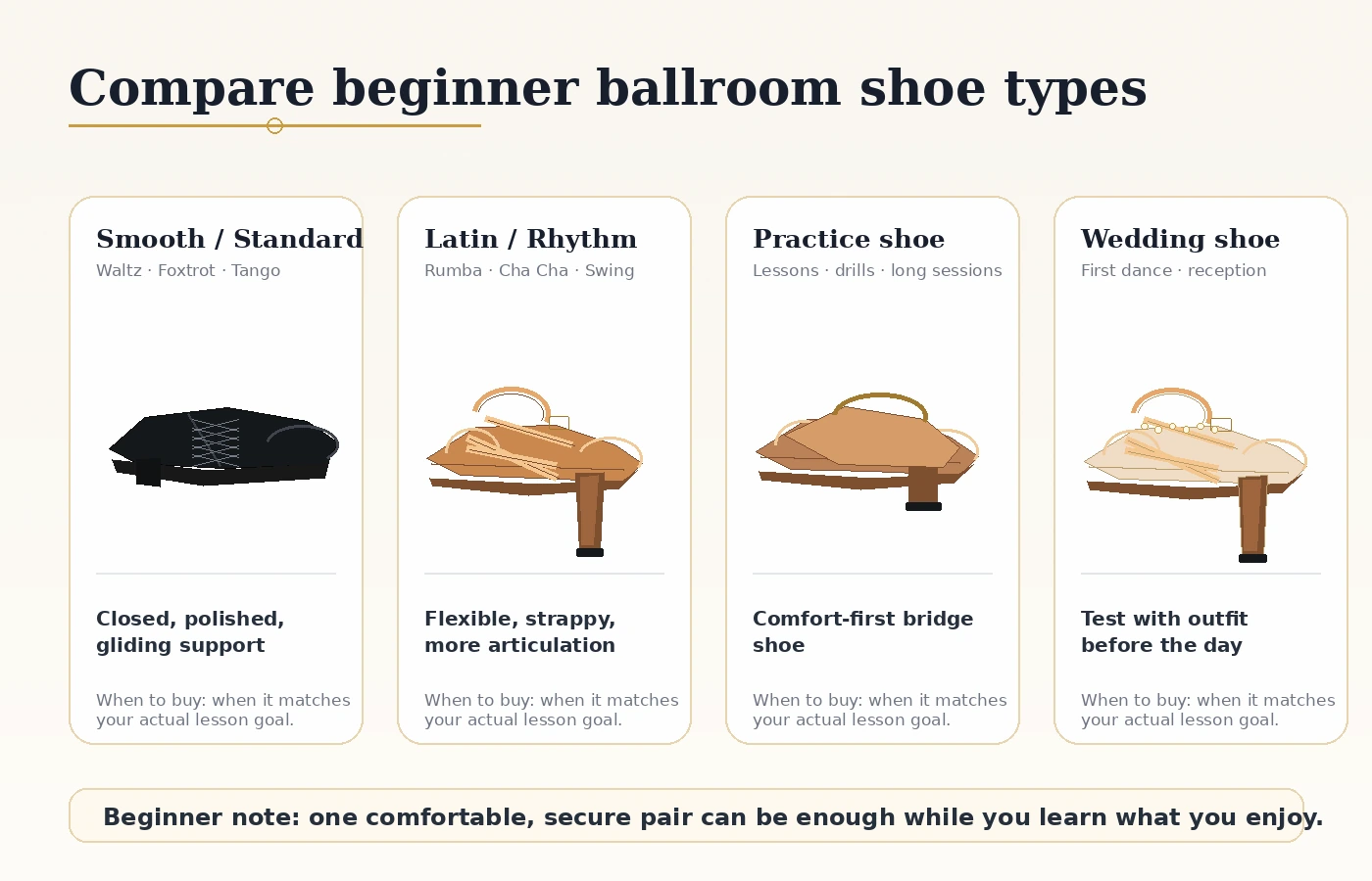 Comparison of Latin, ballroom, practice, and wedding dance shoes for beginners.