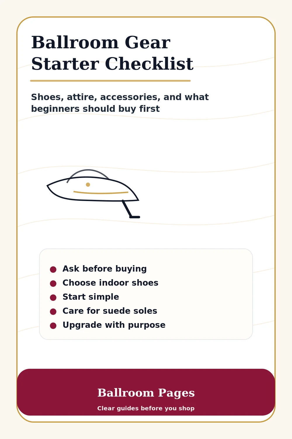 Pinterest graphic for a Ballroom Gear Starter Checklist from Ballroom Pages.