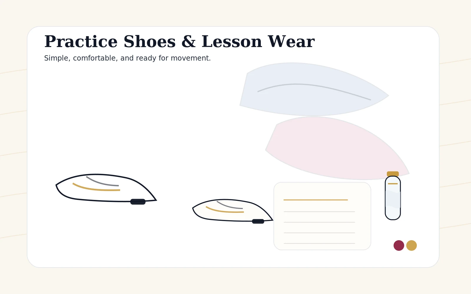 Ballroom practice shoes and comfortable lesson clothing arranged for a beginner dance class.