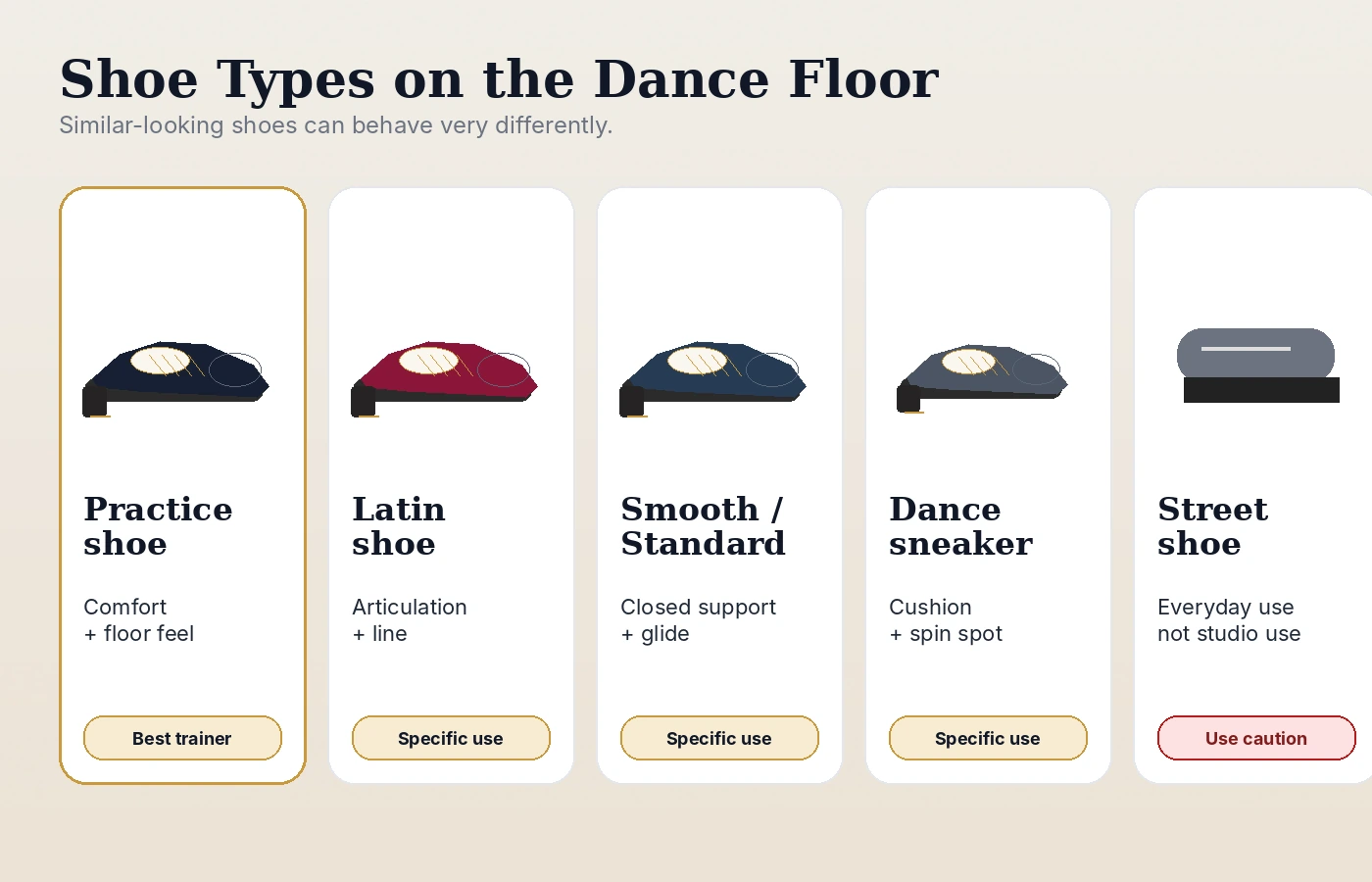 Comparison graphic showing ballroom practice shoes, Latin shoes, Smooth or Standard shoes, dance sneakers, and street shoes.