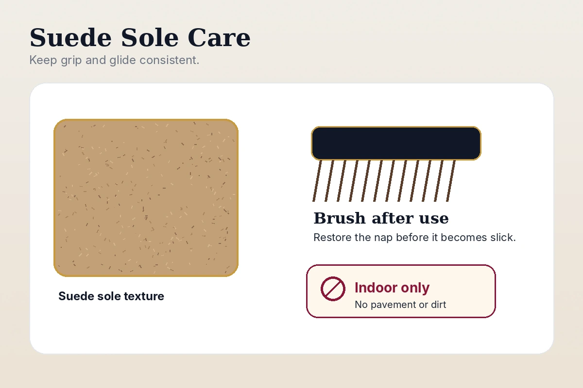 Suede sole care diagram with brush, sole texture, shoe bag, and indoor-only reminder.