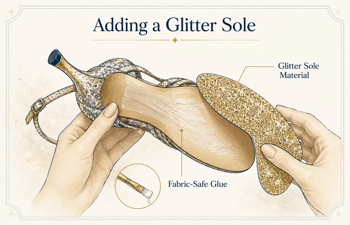 Glue-on glitter sole material being applied to the bottom of a dance shoe.