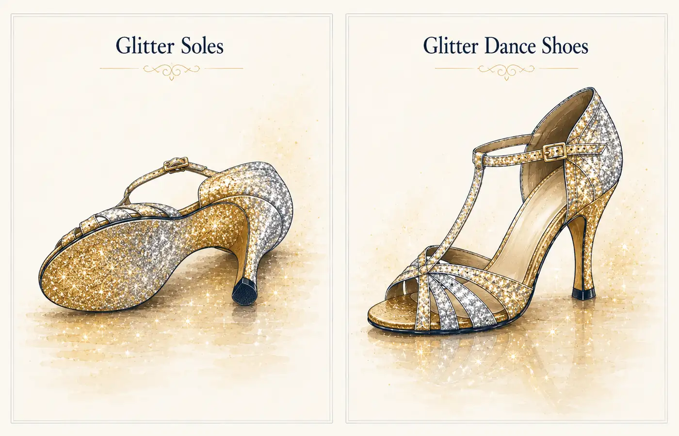 Comparison of glue-on glitter soles and sparkly glitter dance shoes.