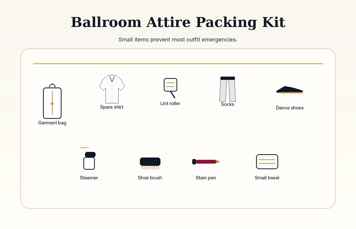 Menâ€™s ballroom attire packing and care items including garment bag, shirt, lint roller, socks, shoes, steamer, shoe brush, and stain pen