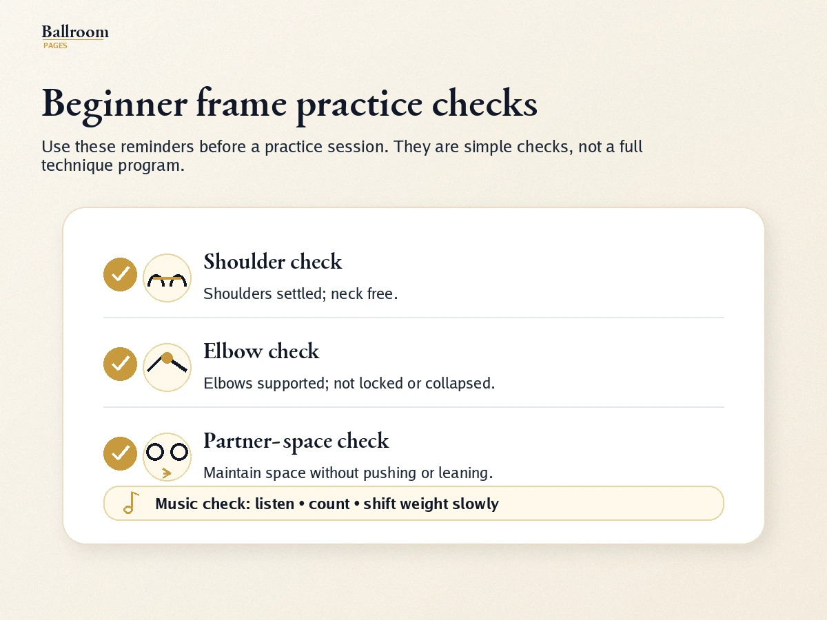Beginner ballroom frame practice checks for shoulders, elbows, and partner space.